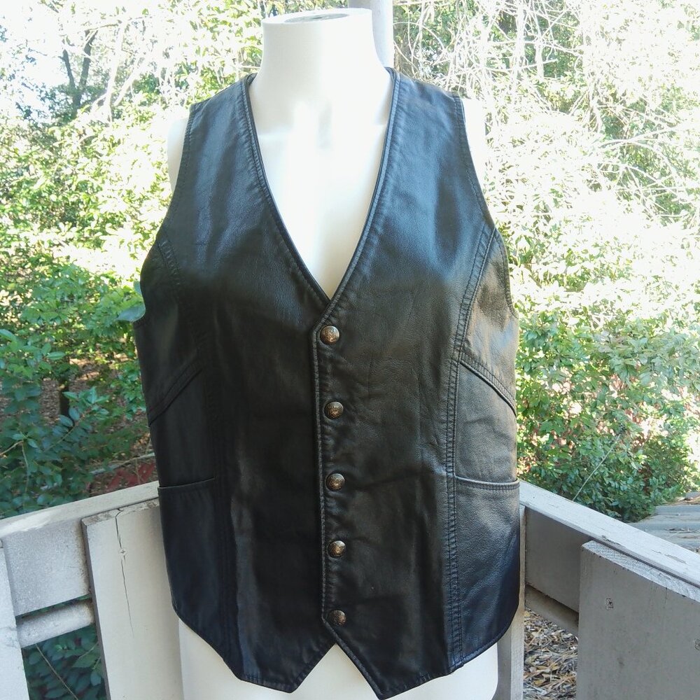 Vintage Black Leather Button Up Vest